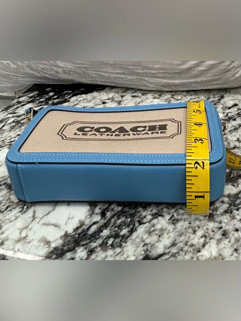 Coach Canvas Crossbody Wallet/Wristlet with Sky Blue Leather Trim